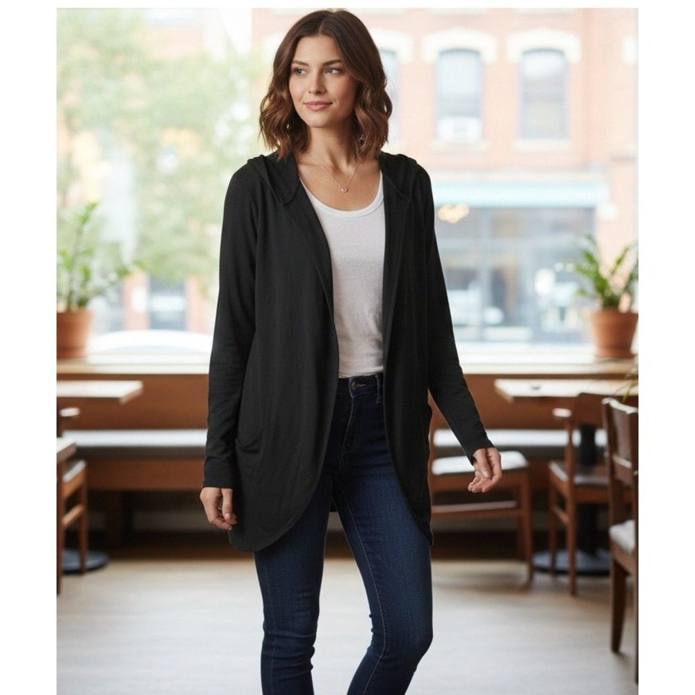 Pure Jill Luxe Tencel Black Hoodie Tunic Duster Cardigan Open Front Casual Sz M
